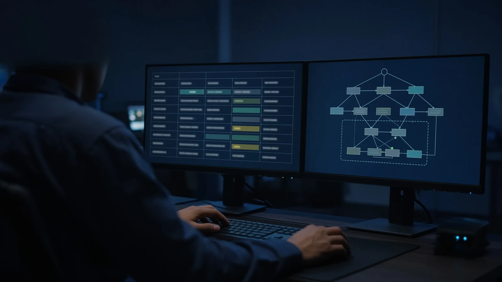 Engineer reviewing a firewall policy table and network map